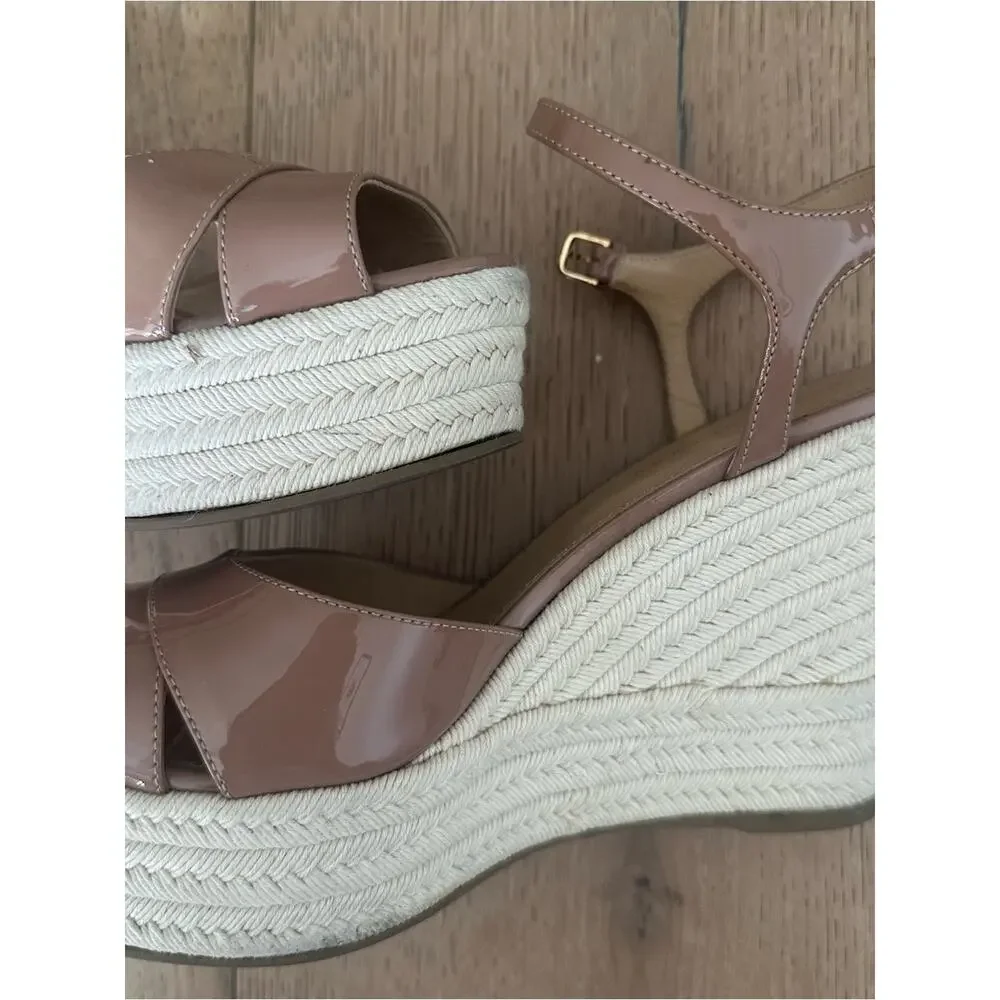 Sergio Rossi Patent Peep Toe Wedge Sandal In Off Nude 36